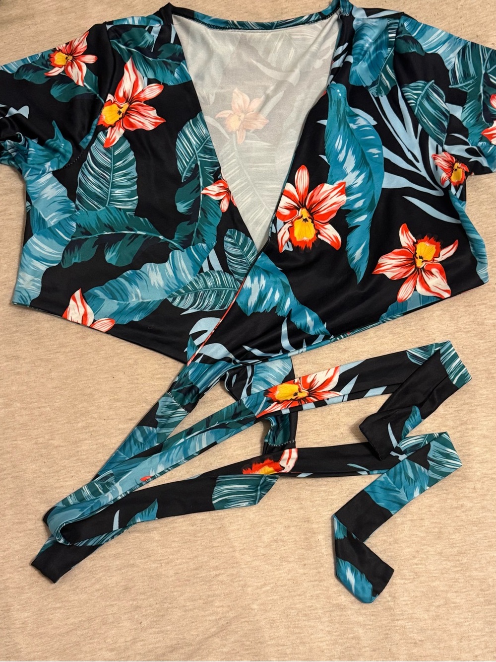 Floral Wrap Crop Top - Black with Teal & Red Floral Print Skirt Set